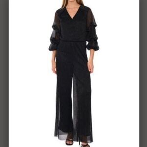 Vince‎ Camuto Black Metallic Ribbed Puff Sleeve Jumpsuit Women's Size S
